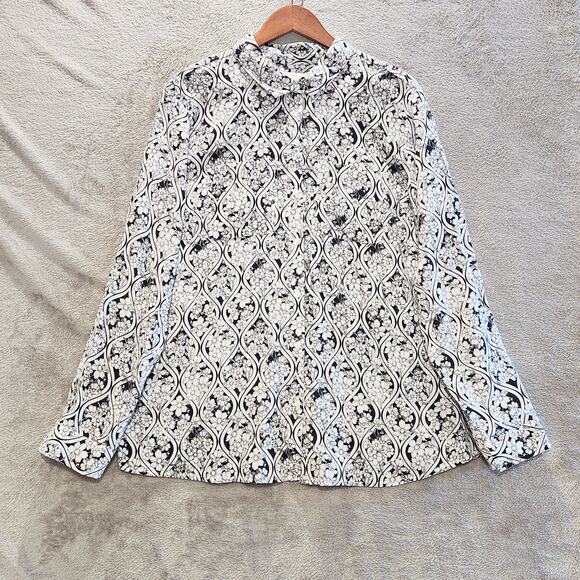 Charter Club Black White 100% Linen Button Up Blouse Size XXL Beach Floral - Picture 1 of 11